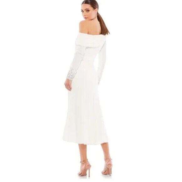 Mac Duggal 26485 Foldover Long Sleeve Jeweled Midi Dress NWT White - Picture 6 of 7